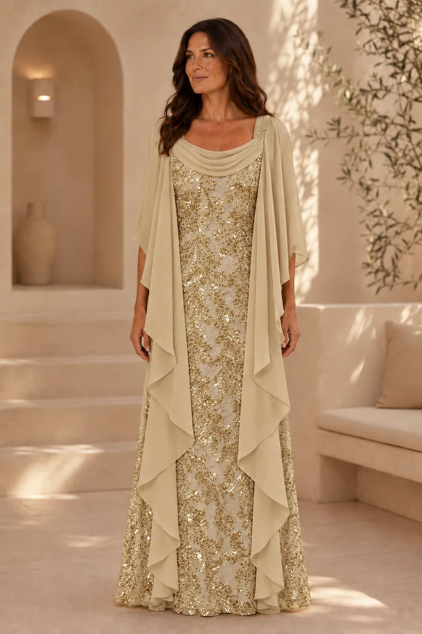 Elegant Sheath Cowl Neck Cape Sleeve Sequin Floor-Length Mother of the Bride Dress