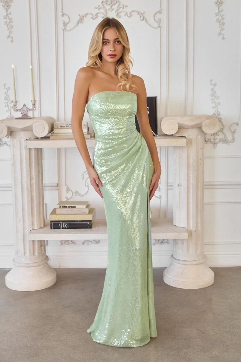 Loverlm sage green sequin prom dress with strapless straight neckline ruched waist and fitted floor-length mermaid silhouette