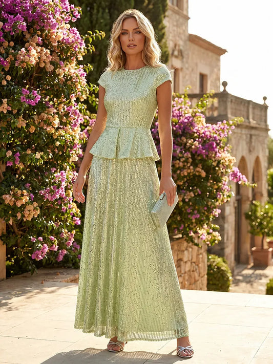 Loverlm sage green Mother of the Bride dress with round neckline cap sleeves sequin embellishment peplum waist and floor-length A-line skirt