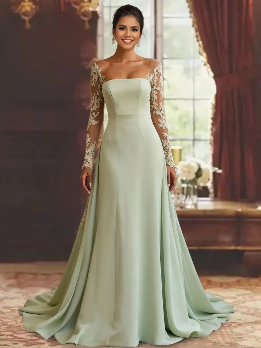 Front view of Loverlm sage green mother of the bride dress with square neckline, sheer embroidered lace long sleeves and flowing A-line skirt