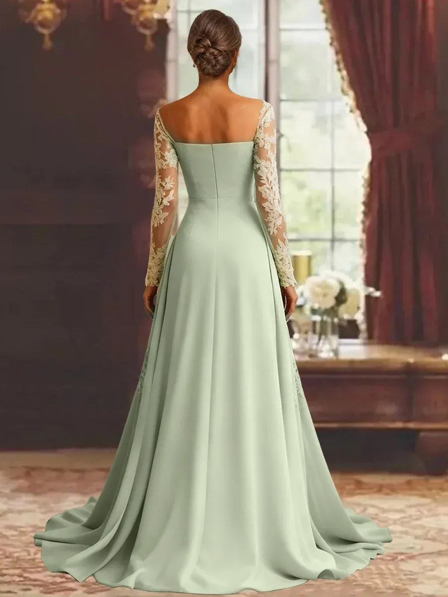 Elegant A-Line Square-Neck Long-Sleeve Zipper-Back Floor-Length Mother of the Bride Dress