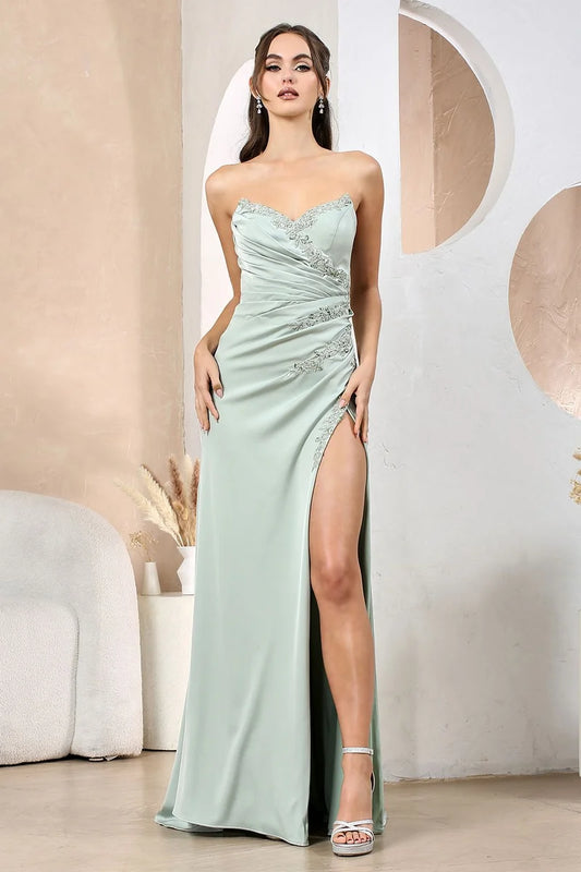 Loverlm sage green strapless sweetheart high slit evening dress front view