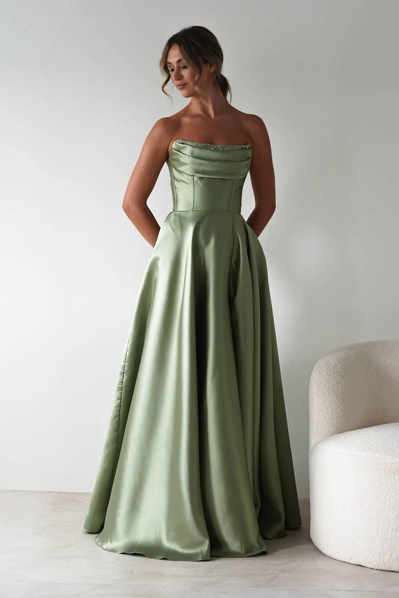 Loverlm sage green A-line prom dress with strapless embellished neckline, structured corset bodice and flowing floor-length satin-look skirt front view
