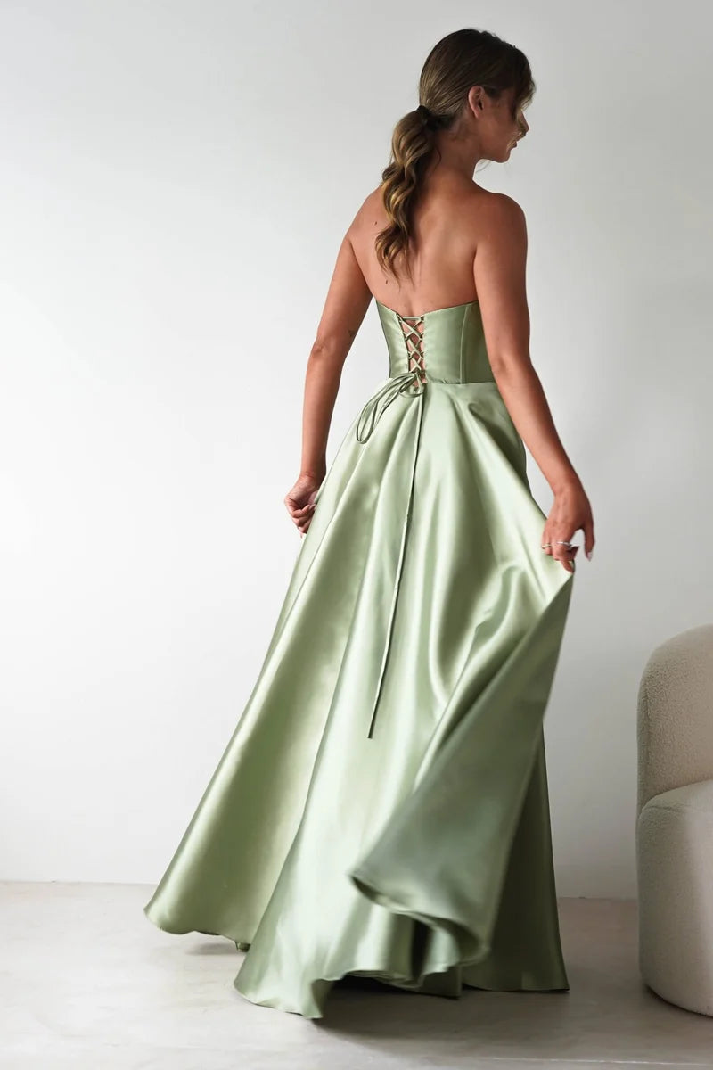 Elegant A-Line Strapless Sleeveless Lace-Up Back Floor Length Prom Dress
