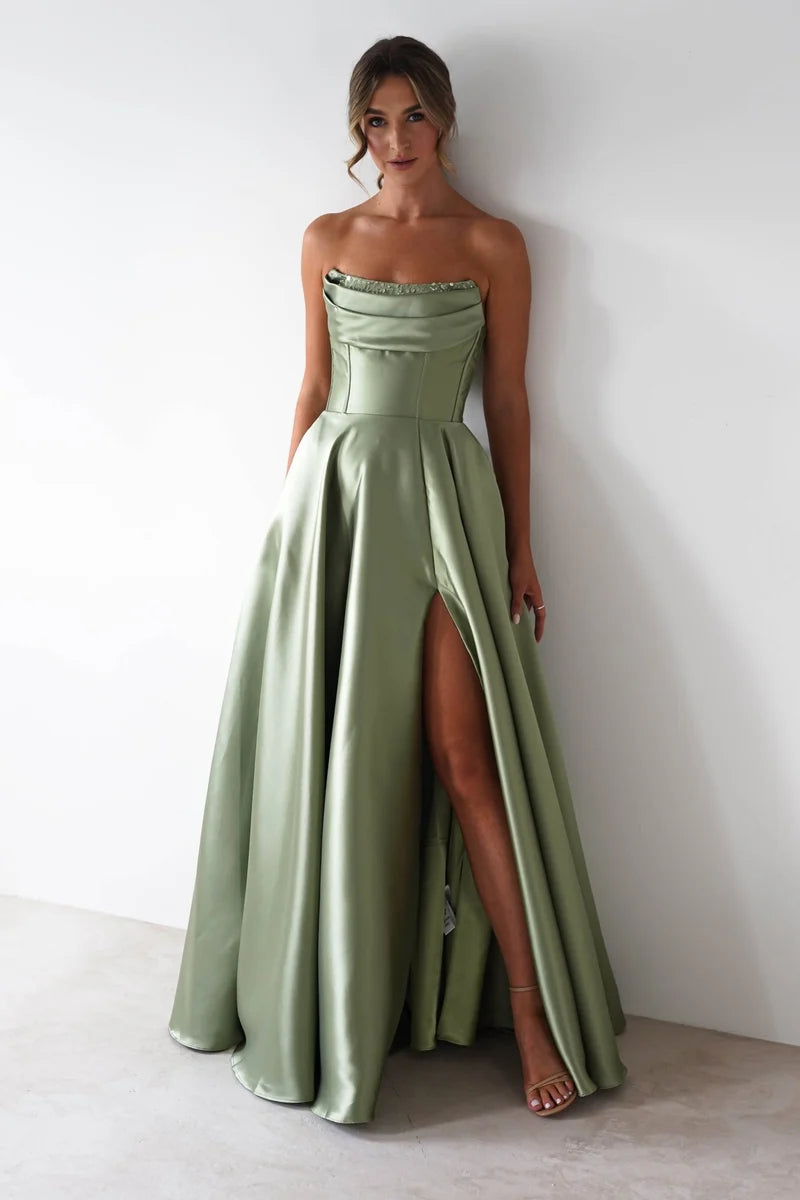 Elegant A-Line Strapless Sleeveless Lace-Up Back Floor Length Prom Dress
