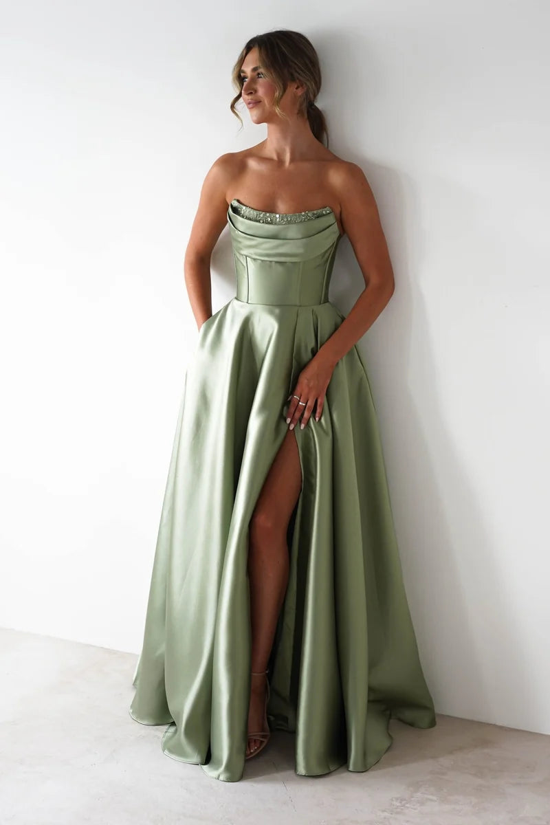 Elegant A-Line Strapless Sleeveless Lace-Up Back Floor Length Prom Dress