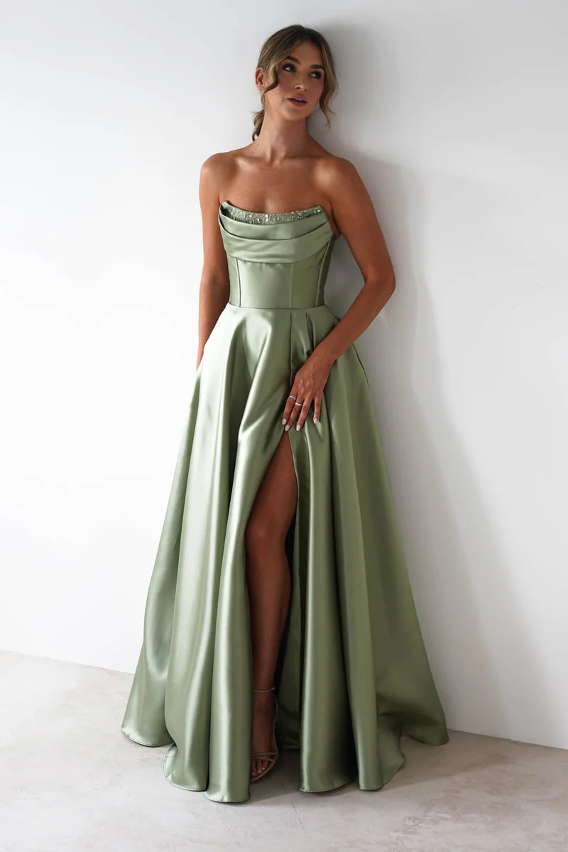 Elegant A-Line Strapless Sleeveless Lace-Up Back Floor Length Prom Dress