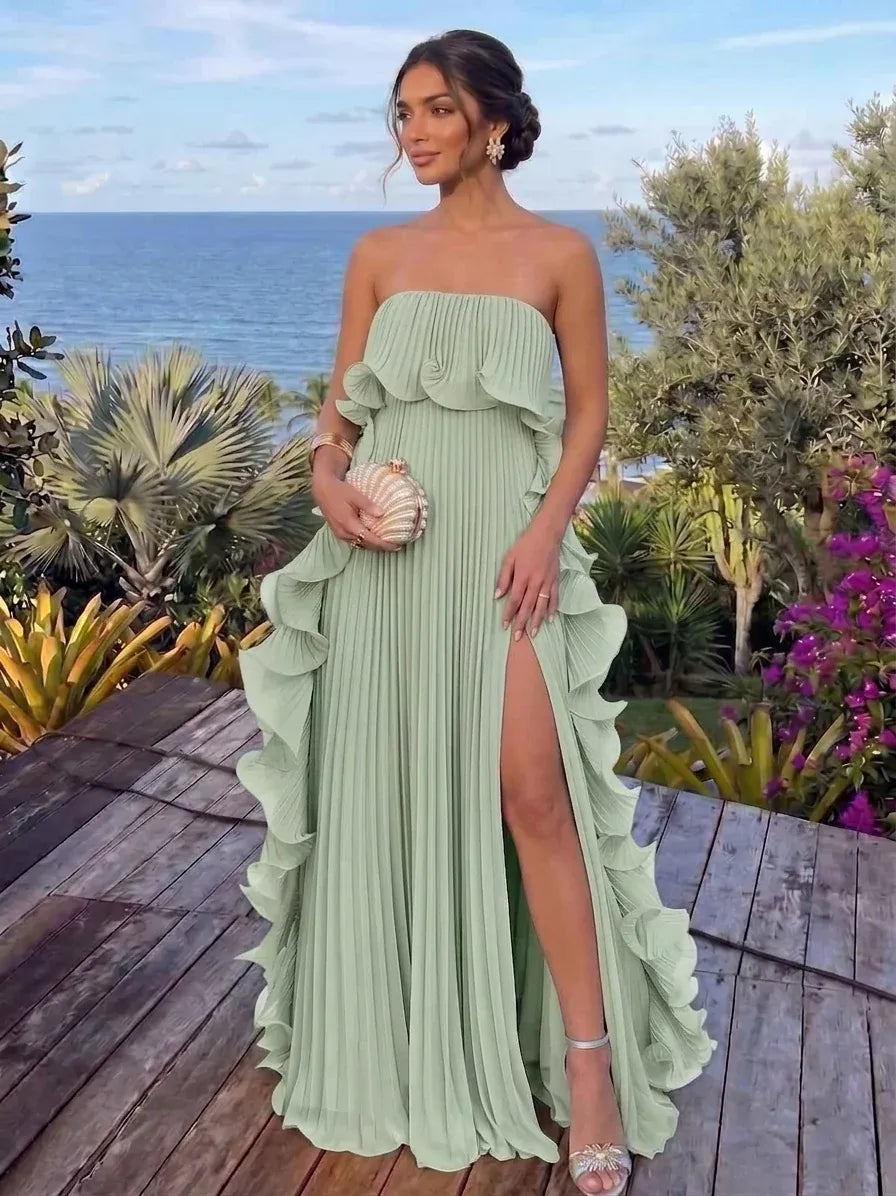 Loverlm sage green strapless bridesmaid dress with pleated skirt cascading ruffles and high slit front view