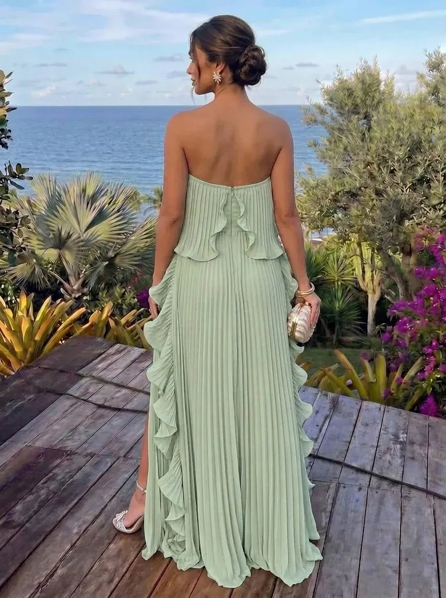 Romantic A-Line Strapless Sleeveless Zip Back Floor Length Evening Dress