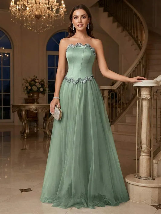 Front view of Loverlm sage green strapless prom dress with beaded scalloped neckline, fitted bodice and floor-length tulle A-line skirt