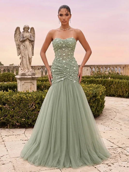 Front view of Loverlm sage green strapless mermaid prom dress with sweetheart neckline, sparkling embellished bodice and tulle skirt