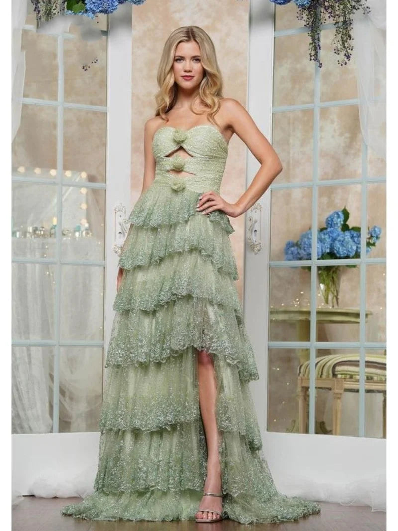 Loverlm sage green A-line prom dress with strapless cutout bodice tiered ruffle skirt and shimmering floor-length finish