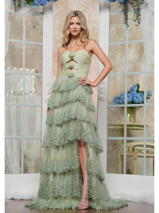 Loverlm sage green A-line prom dress with strapless cutout bodice tiered ruffle skirt and shimmering floor-length finish