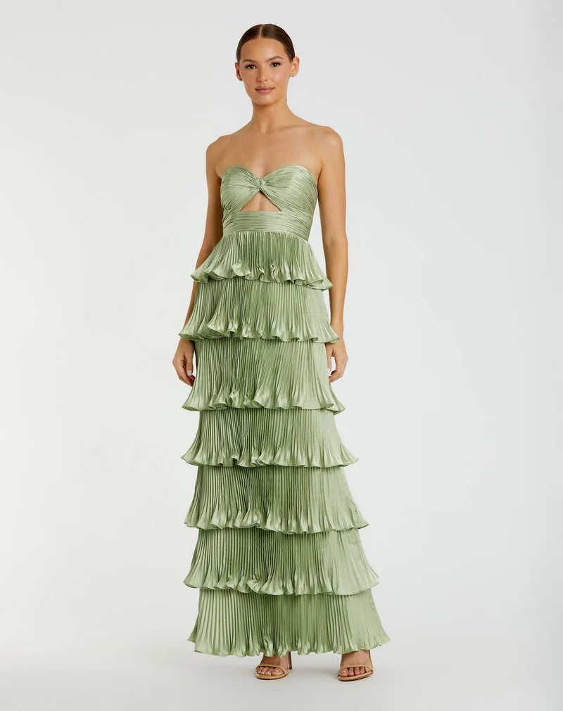 Loverlm sage green A-line prom dress with strapless twisted bodice front cutout and pleated tiered floor-length ruffle skirt