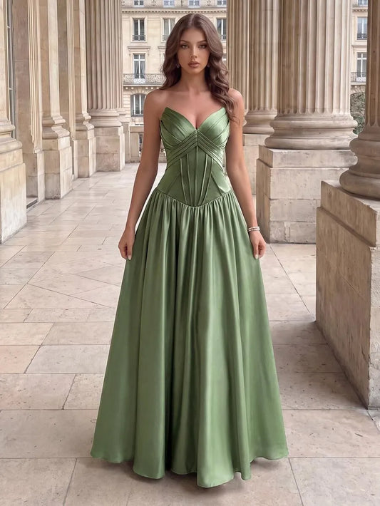 Loverlm sage green bridesmaid dress with sweetheart corset bodice and flowing A-line floor-length skirt