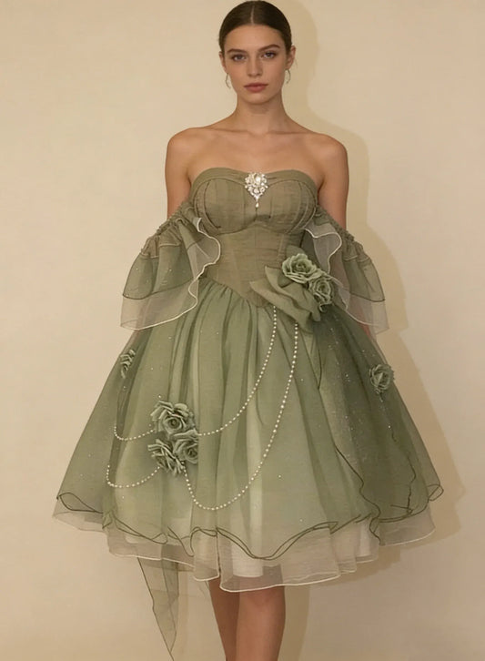 Loverlm sage green short homecoming dress with sweetheart bodice sheer ruffle sleeves floral appliqués and pearl chain details front view