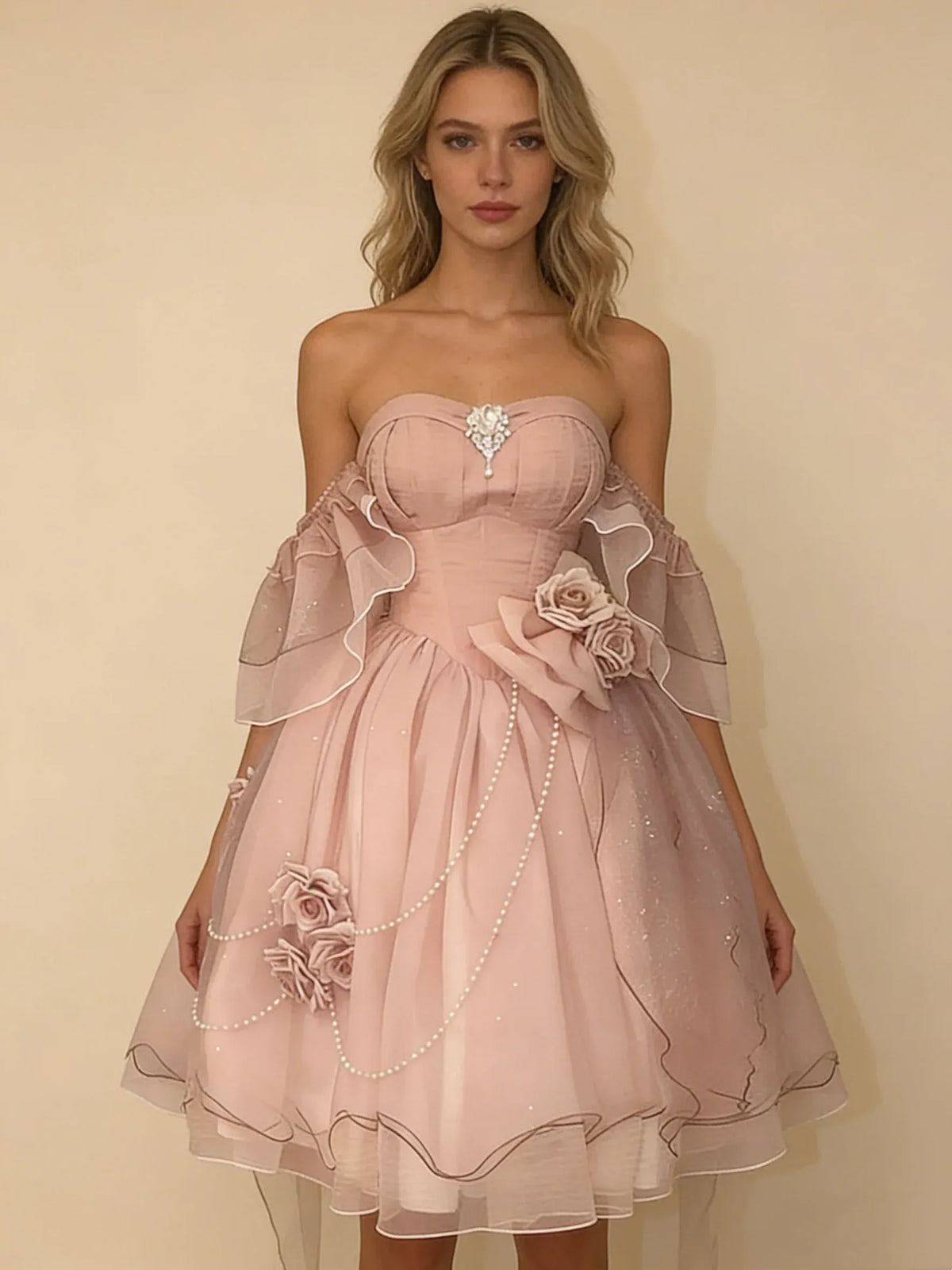Romantic A-Line Sweetheart Sheer Sleeves Smocked Back Short Homecoming Dress