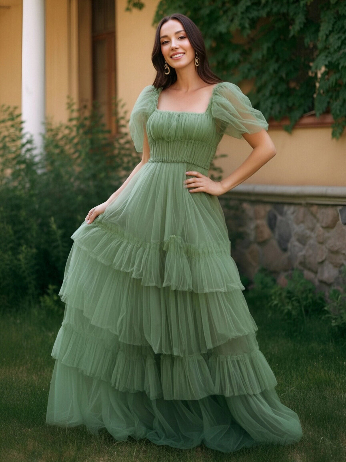 Loverlm sage green tulle square neck puff sleeve tiered wedding guest dress front view