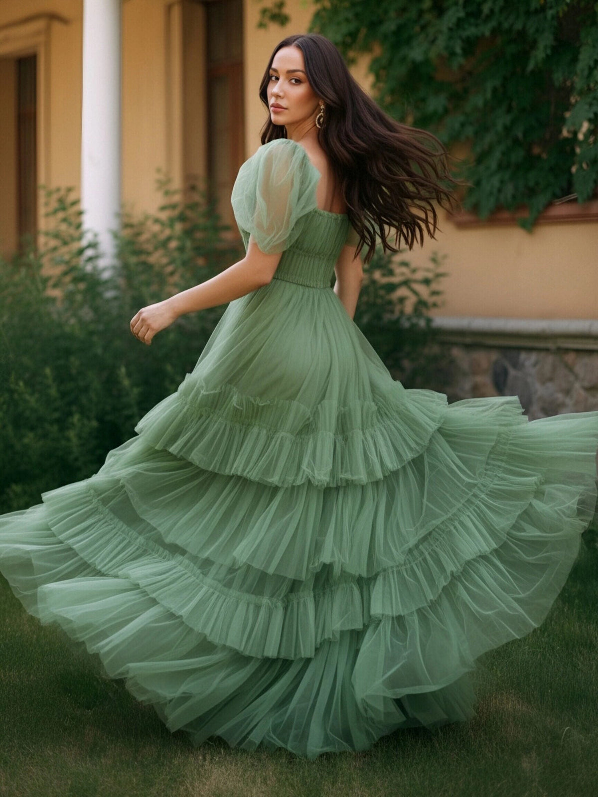 Romantic Tulle A-Line Square Neck Puff Sleeve Tiered Wedding Guest Dress