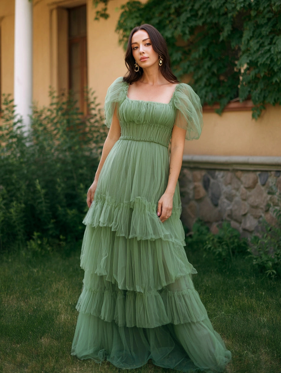 Romantic Tulle A-Line Square Neck Puff Sleeve Tiered Wedding Guest Dress