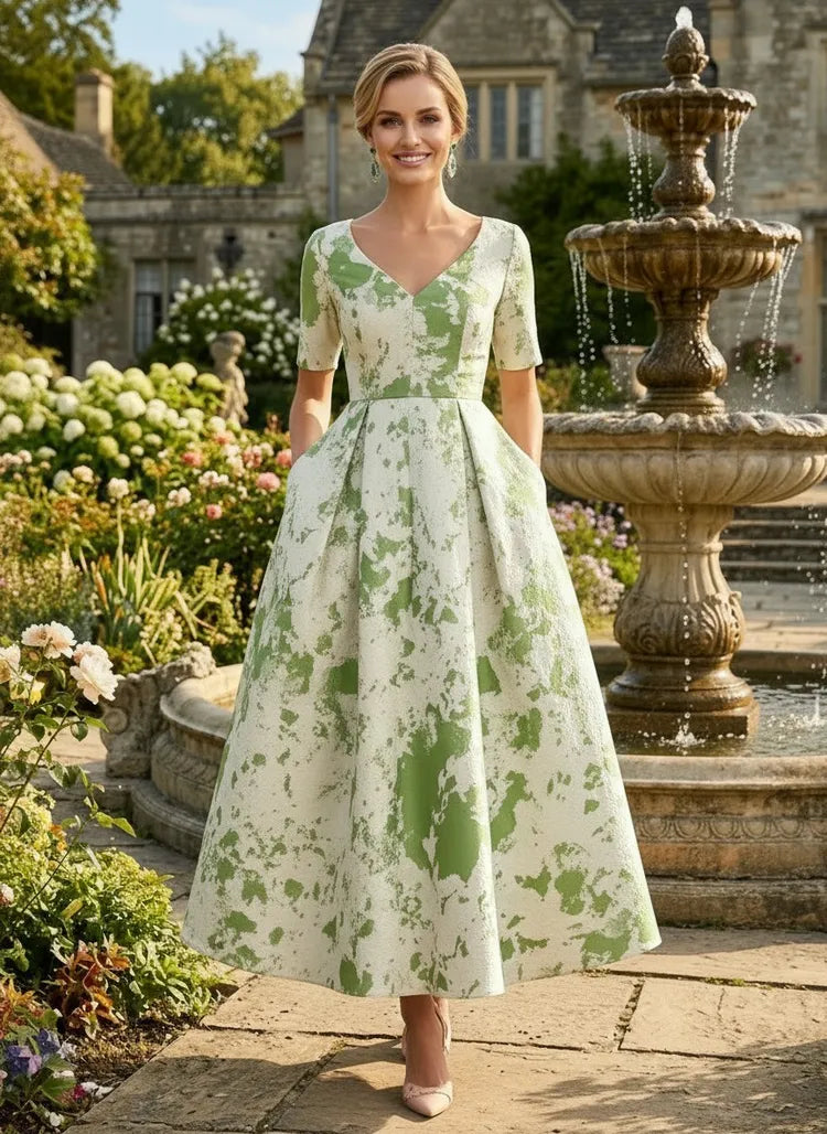 Loverlm sage green Mother of the Bride dress with V-neck short sleeves side pockets abstract pattern and full tea-length A-line skirt