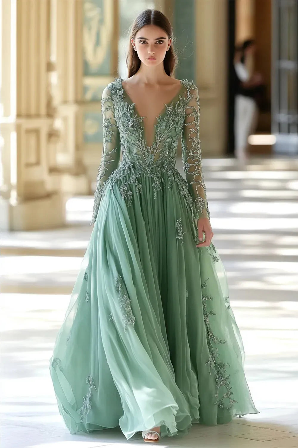 Loverlm sage green Mother of the Bride dress with V-neckline, sheer floral lace long sleeves, embellished bodice and flowing A-line skirt