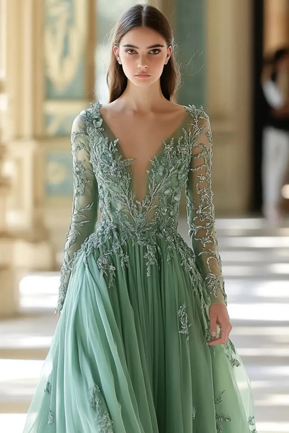 Elegant Sage A-Line V-Neck Long-Sleeve Zipper-Back Floor-Length Mother of the Bride Dress