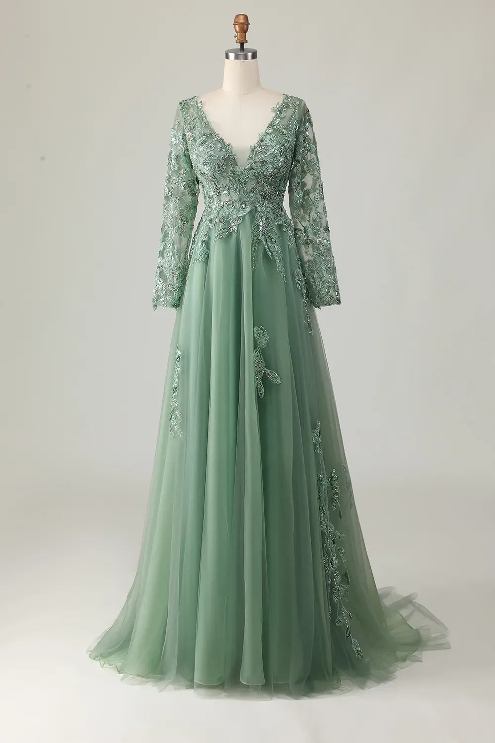 Elegant Sage A-Line V-Neck Long-Sleeve Zipper-Back Floor-Length Mother of the Bride Dress