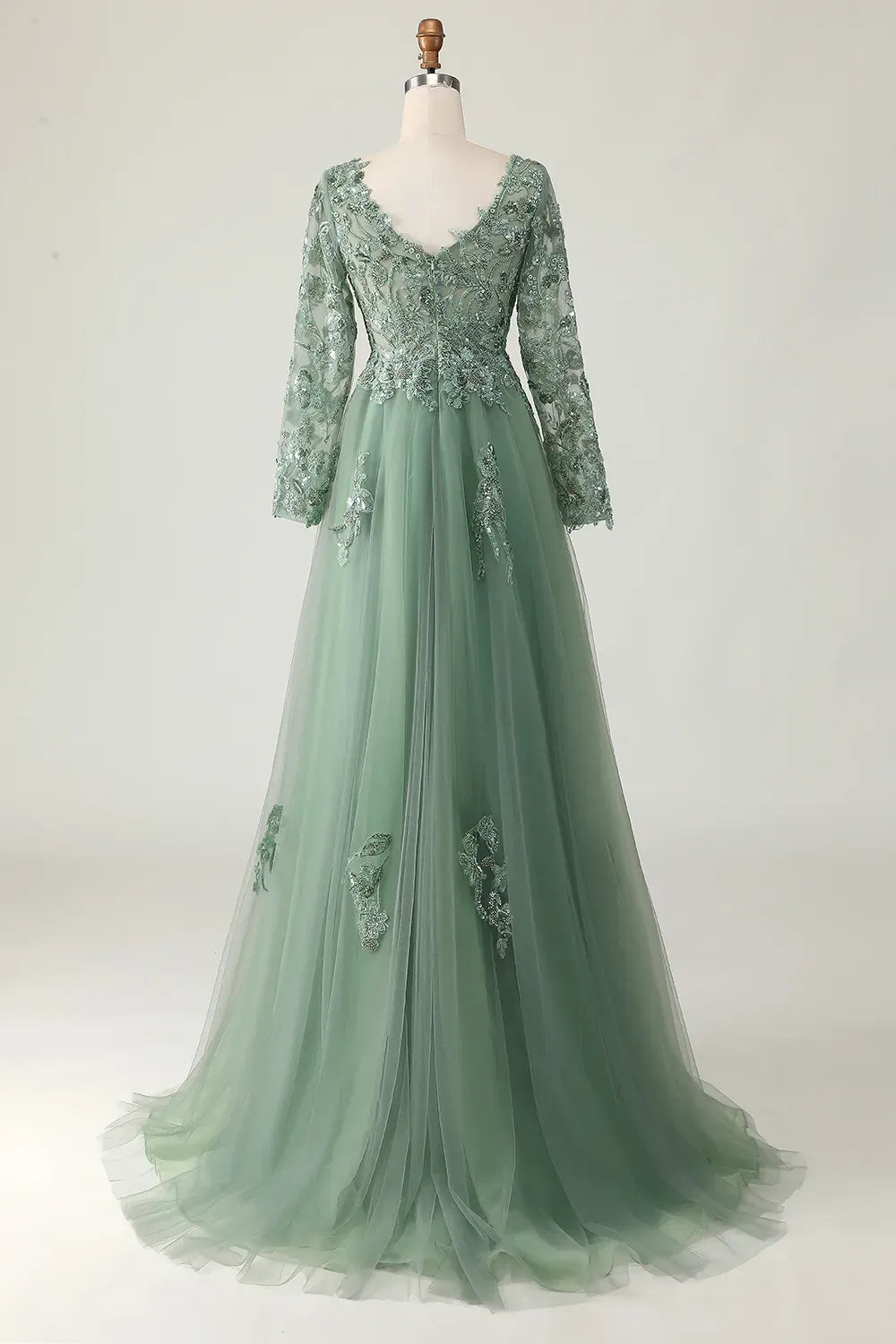 Elegant Sage A-Line V-Neck Long-Sleeve Zipper-Back Floor-Length Mother of the Bride Dress