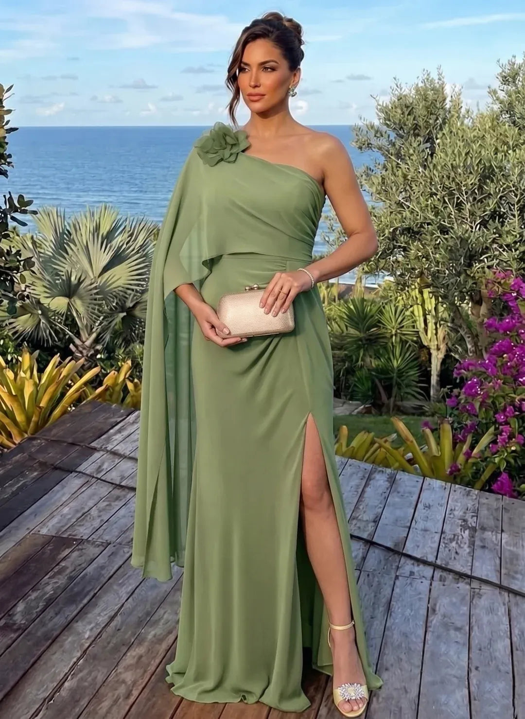 Loverlm sage green one-shoulder bridesmaid dress with draped cape and slit