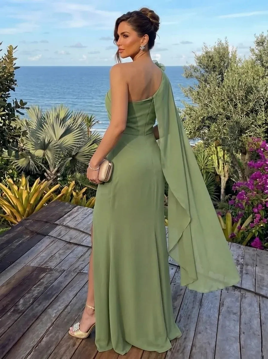 Elegant Sheath One-Shoulder Cape-Sleeve Zip-Back Floor-Length Sage Wedding Guest Dress