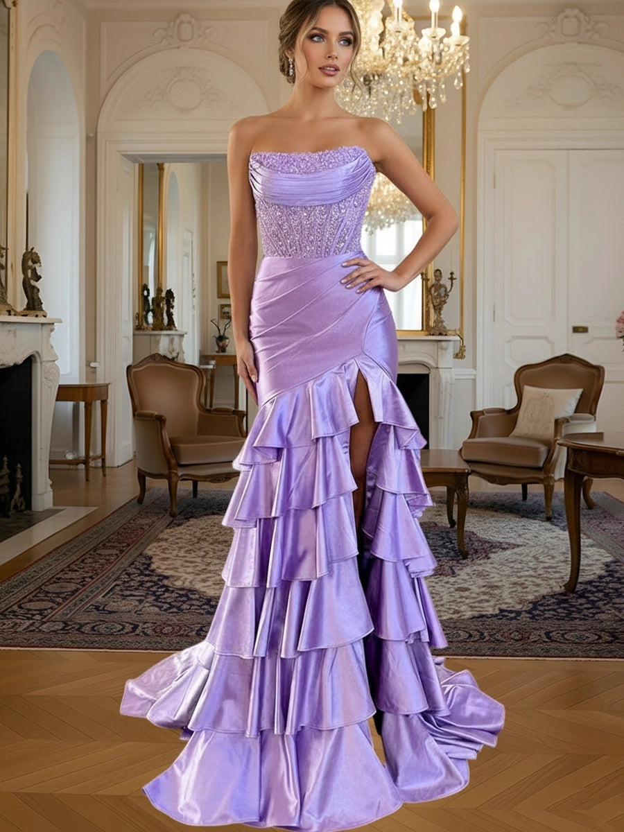 Lavender satin mermaid prom dress with beaded strapless corset, thigh-high slit and tiered ruffles