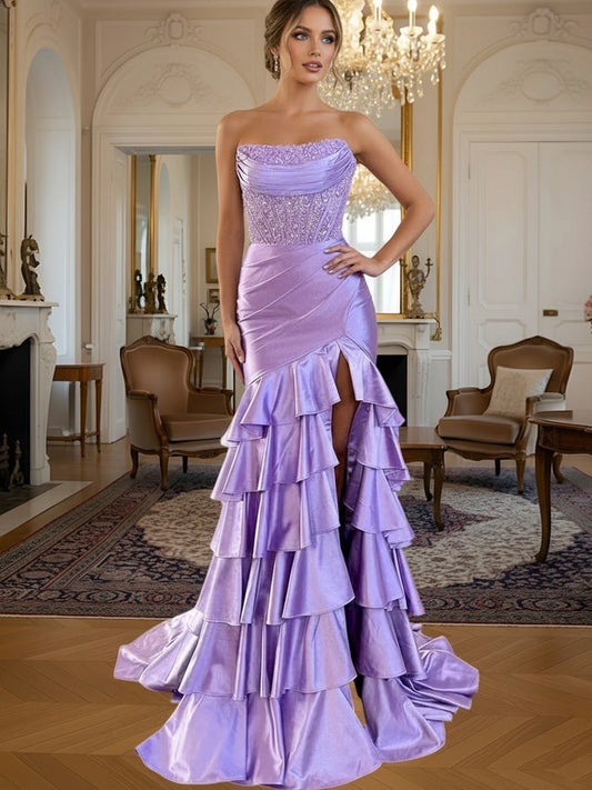 Lavender satin mermaid prom dress with beaded strapless corset, thigh-high slit and tiered ruffles