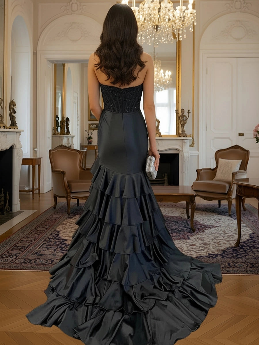 Glamorous Satin Mermaid Straight-Neck Strapless Zipper-Back Ruffled Slit Prom Dress