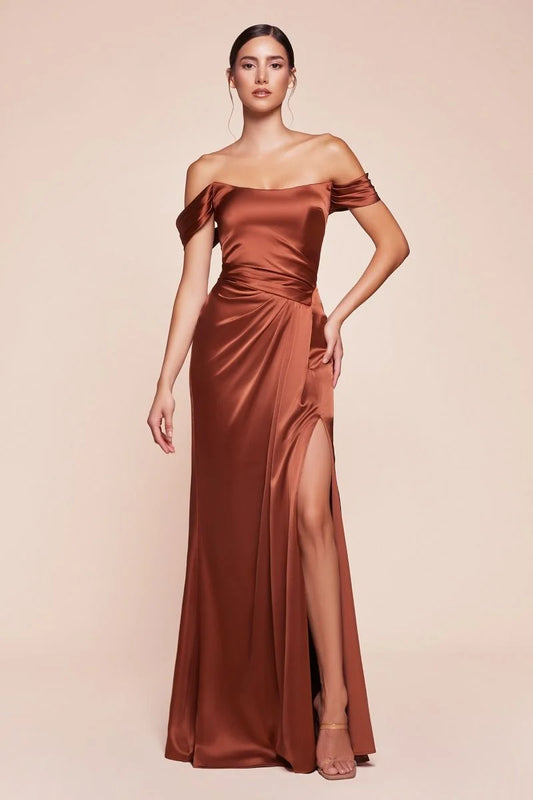 Loverlm sienna satin off-shoulder high slit floor-length bridesmaid dress front view
