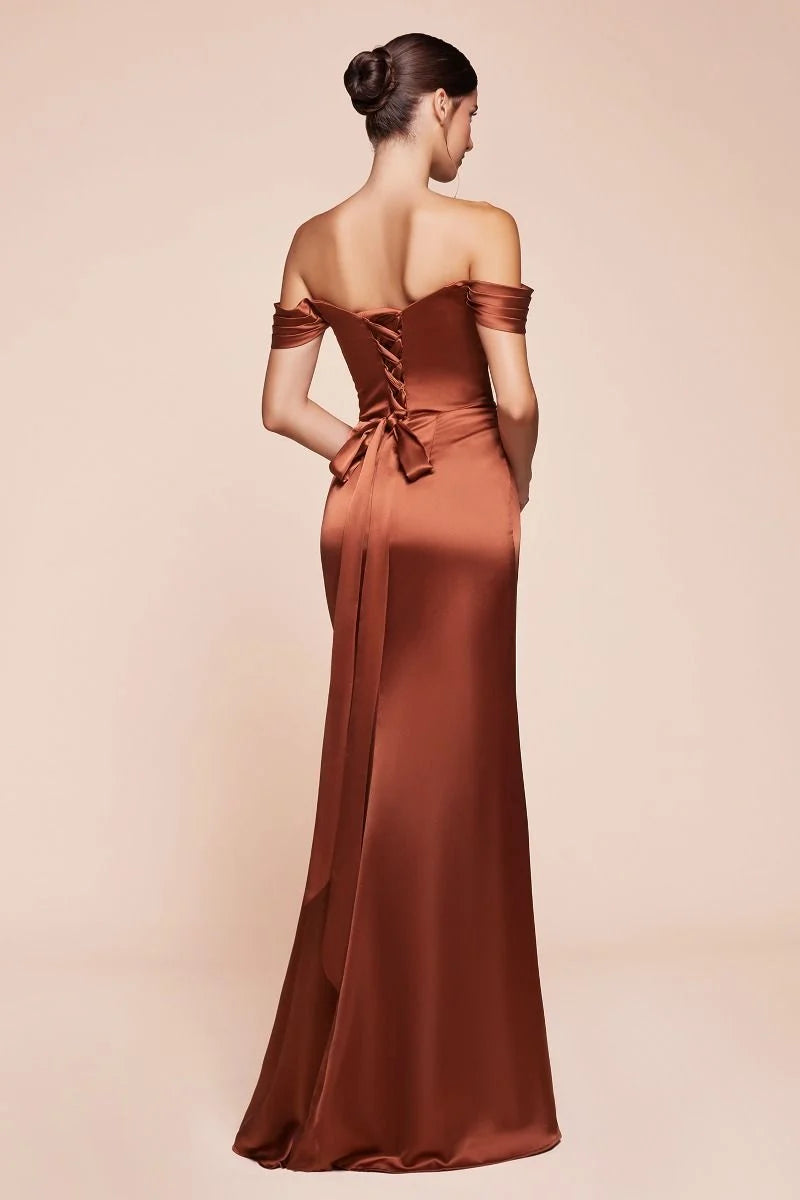 Elegant Sheath Straight-Neck Off-Shoulder Lace-Up Satin Floor-Length Wedding Guest Dress