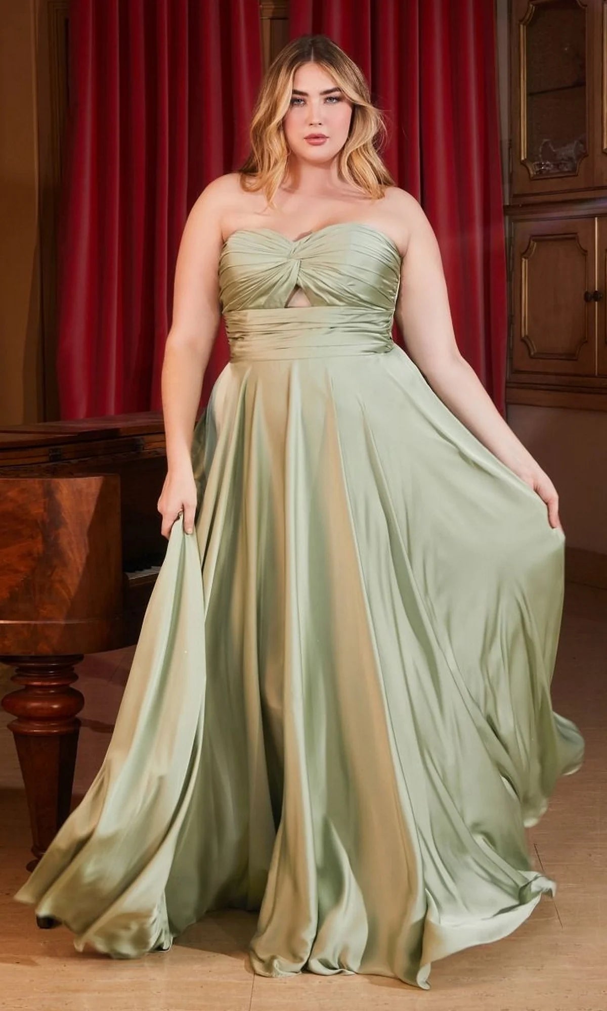 Elegant A Line Sweetheart Strapless Satin Floor Length Plus Size Evening Dress