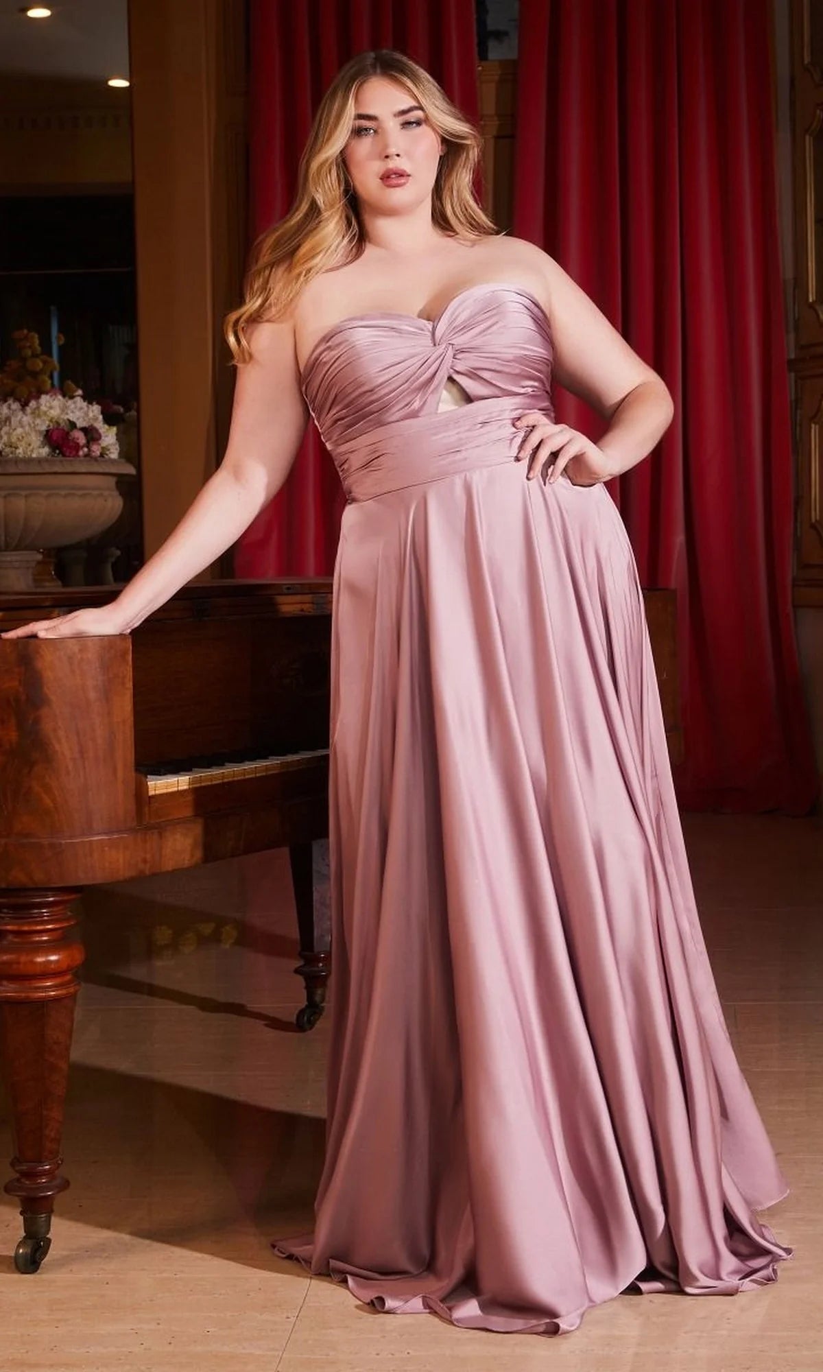 Elegant A Line Sweetheart Strapless Satin Floor Length Plus Size Evening Dress