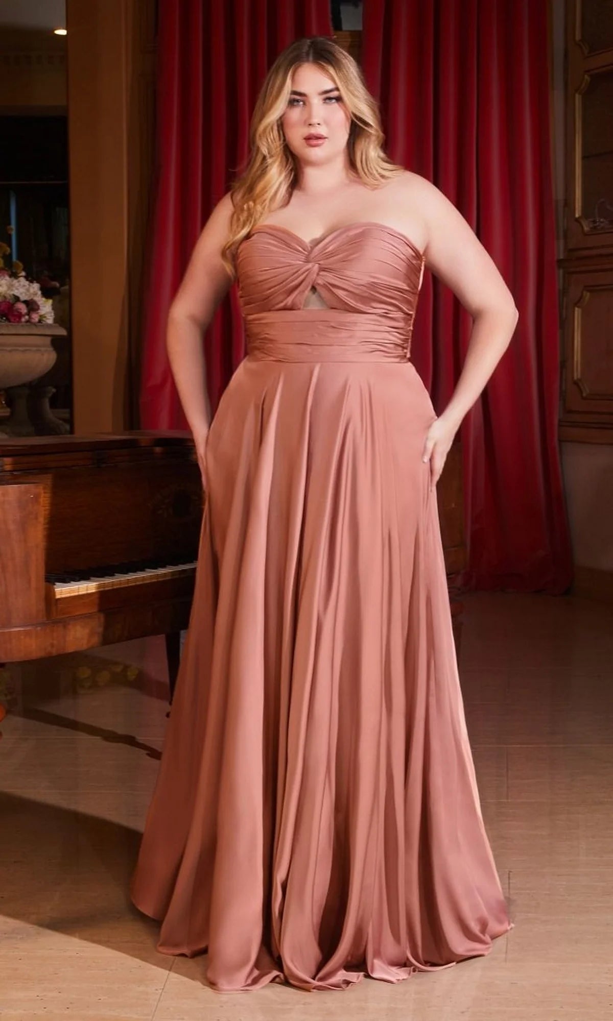 Elegant A Line Sweetheart Strapless Satin Floor Length Plus Size Evening Dress