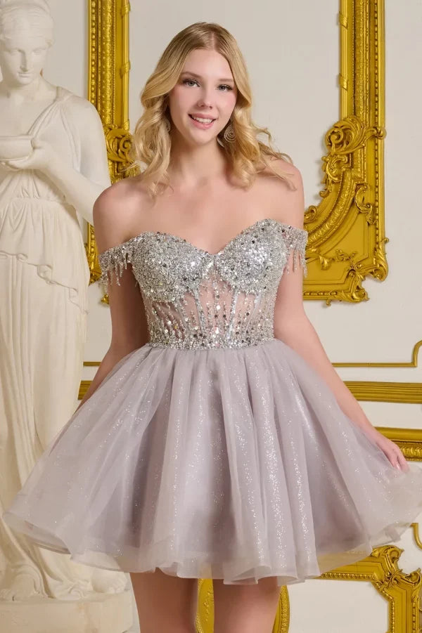 Glamorous A-Line Sweetheart Off-Shoulder Beaded-Back Tulle Mini Homecoming Dress