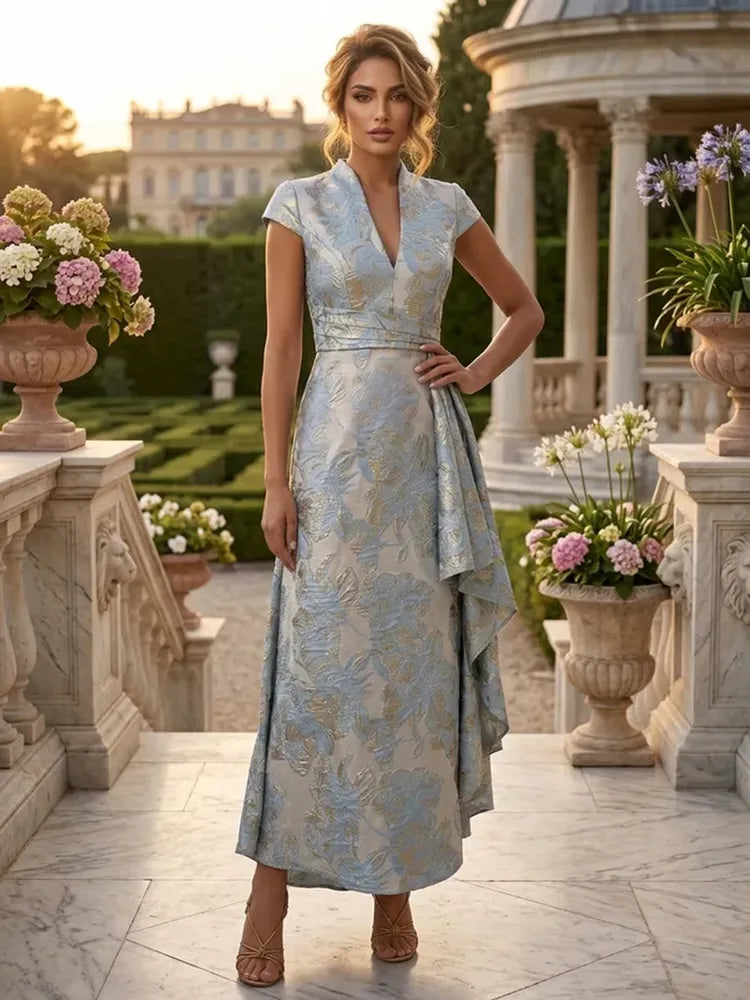 Loverlm silver blue Mother of the Bride dress with V-neck cap sleeves floral jacquard defined waist and asymmetric ankle-length skirt