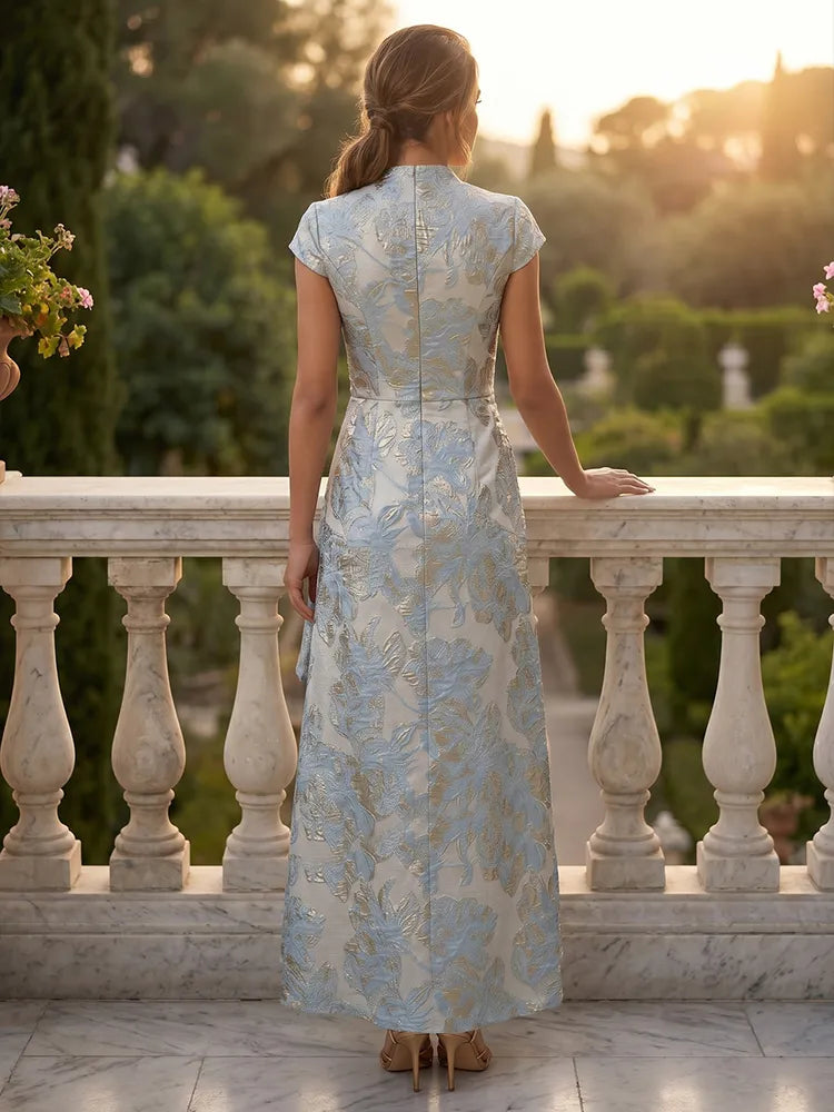 Elegant A-Line V-Neck Cap-Sleeve Jacquard Ankle-Length Mother of the Bride Dress