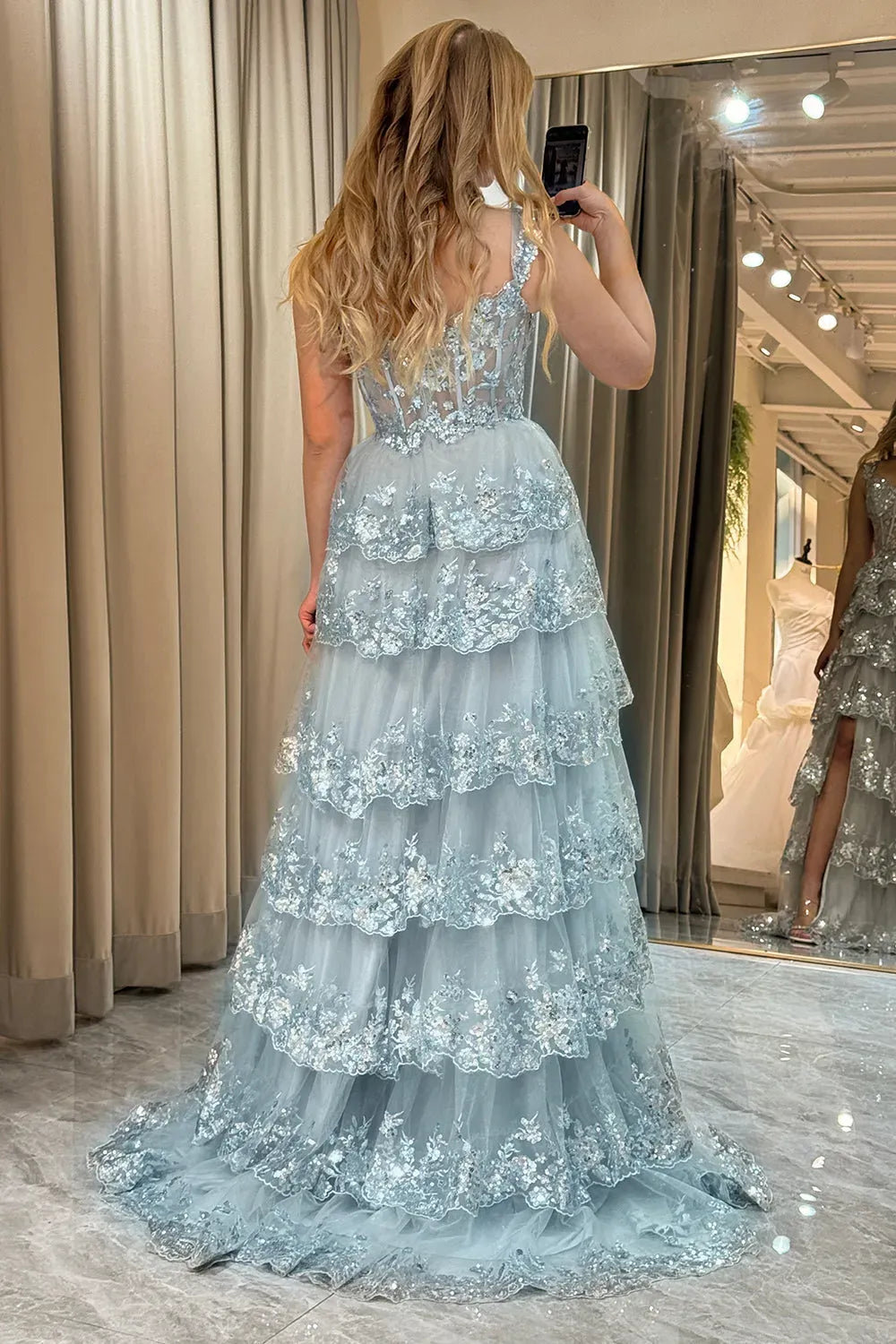 Glamorous A Line Sweetheart Sleeveless Sheer Back Tiered Floor Length Prom Dress