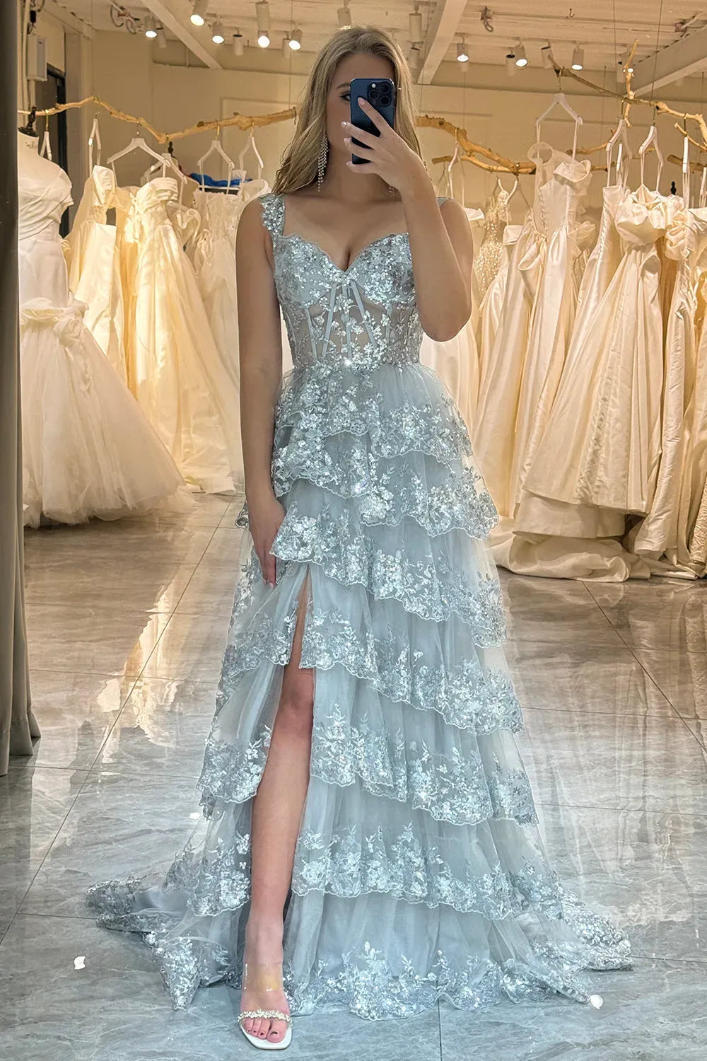 Glamorous A Line Sweetheart Sleeveless Sheer Back Tiered Floor Length Prom Dress