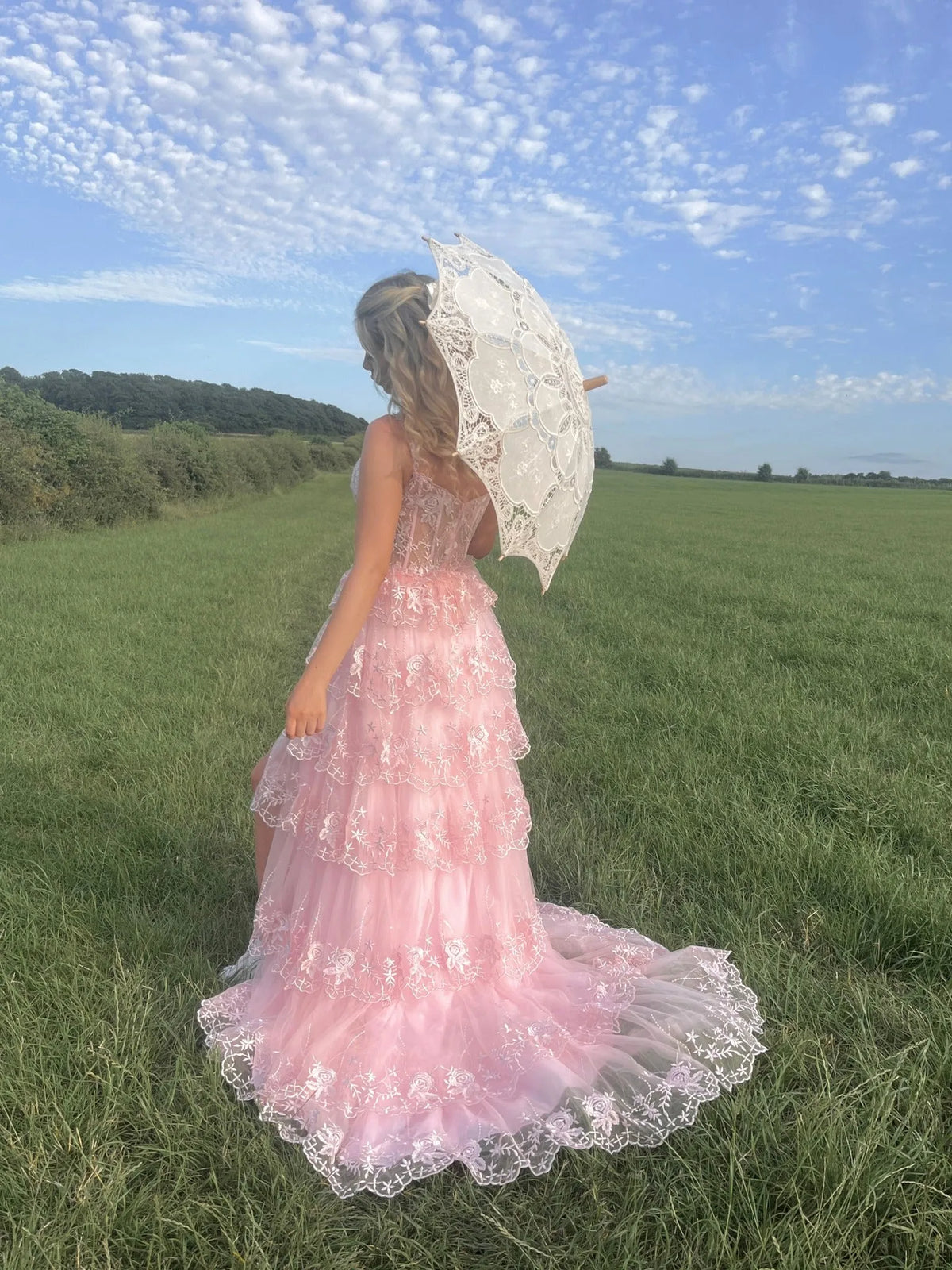 Glamorous A Line Sweetheart Sleeveless Sheer Back Tiered Floor Length Prom Dress