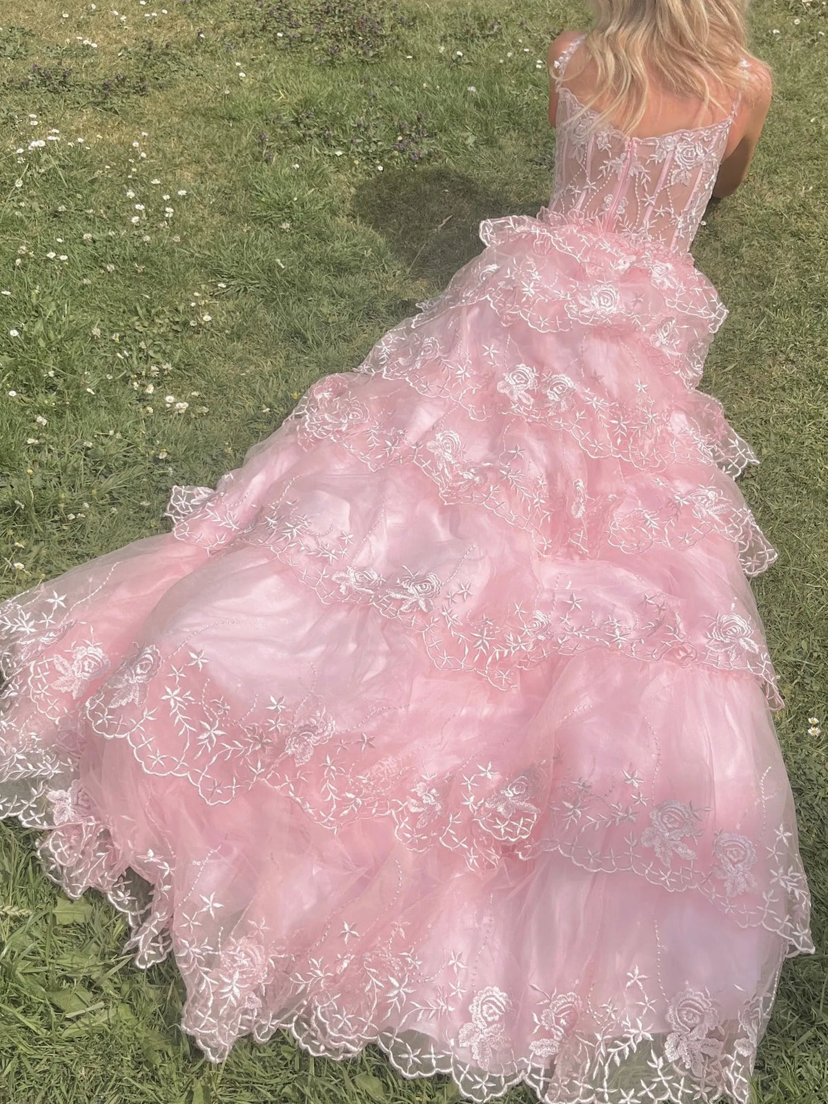Glamorous A Line Sweetheart Sleeveless Sheer Back Tiered Floor Length Prom Dress