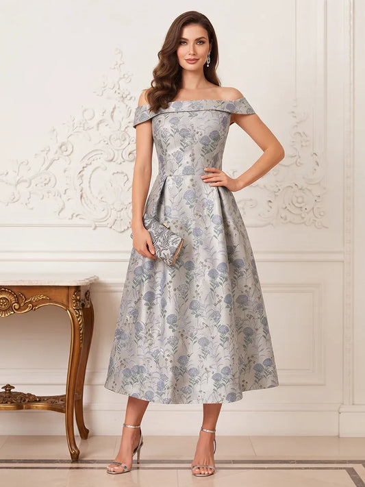 Loverlm silver floral jacquard Mother of the Bride dress with off-shoulder neckline, fitted waist and pleated A-line midi skirt front view