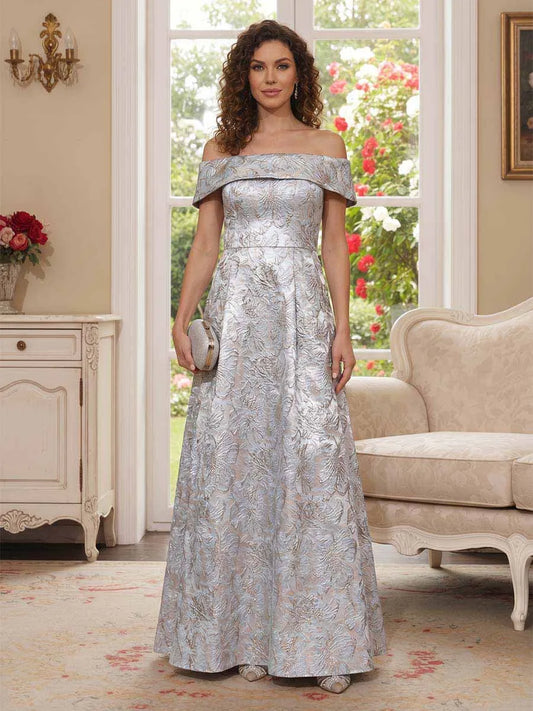 Loverlm silver floral jacquard Mother of the Bride dress with off-shoulder neckline, fitted waist and floor-length A-line skirt front view