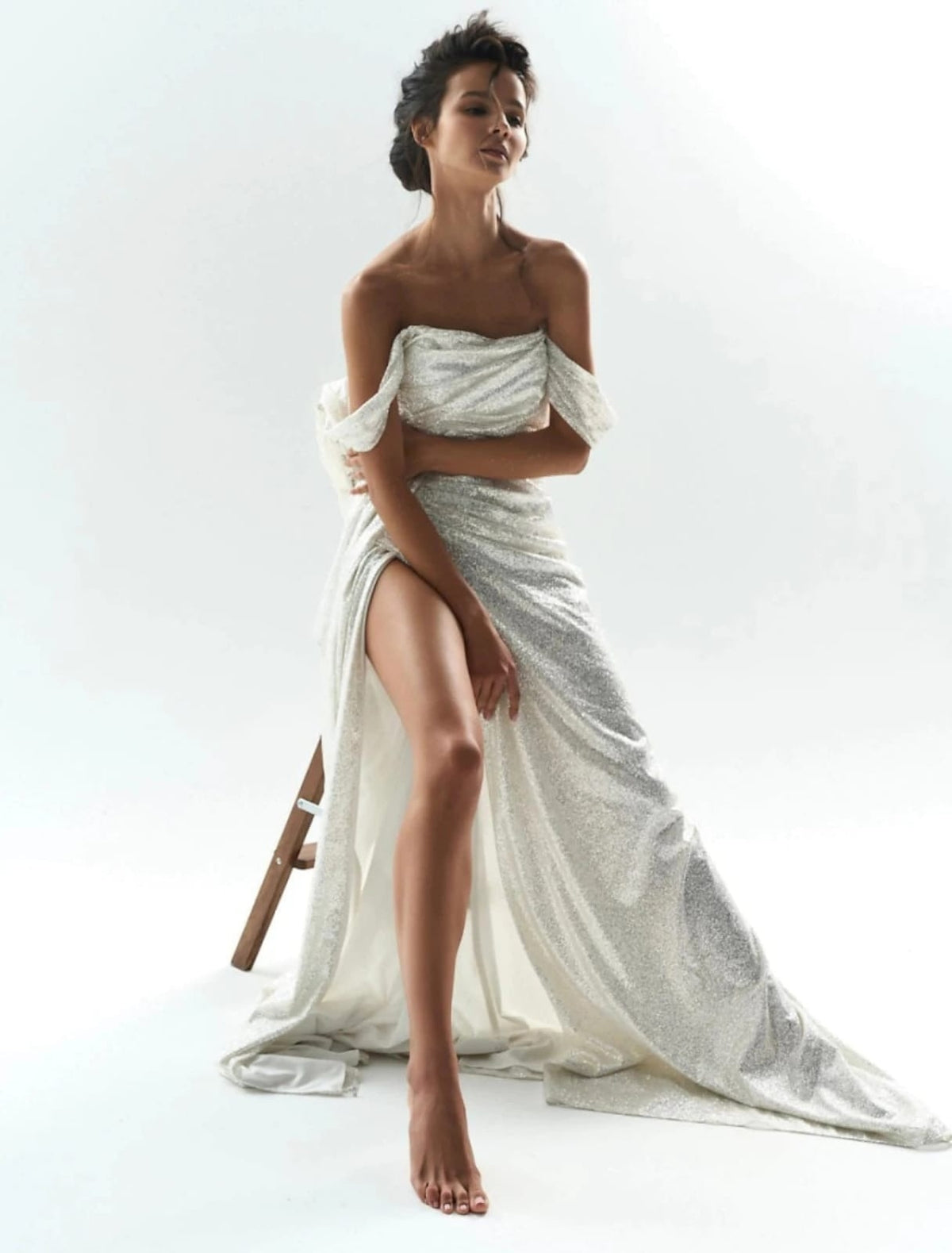 Glamorous Glitter Sheath Off Shoulder Draped Floor Length Prom Dress