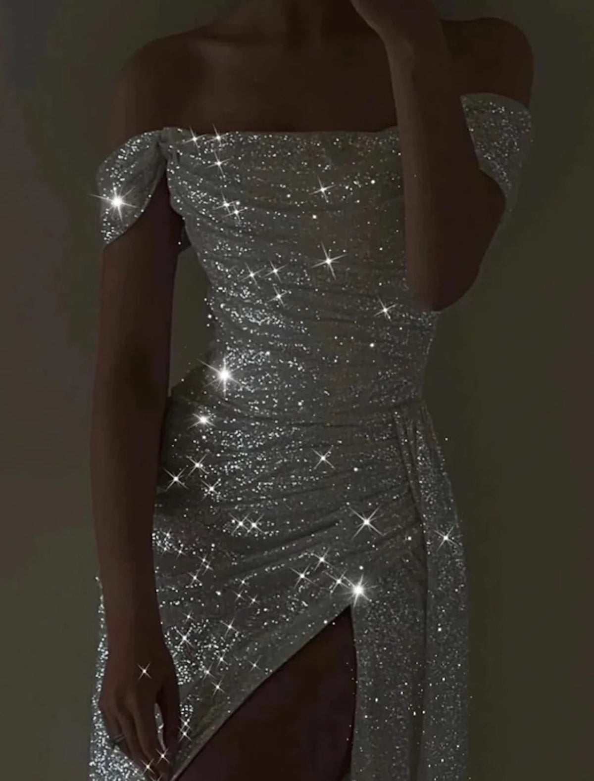 Glamorous Glitter Sheath Off Shoulder Draped Floor Length Prom Dress